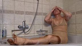 quickie self satisfaction in shower in nude lingerie