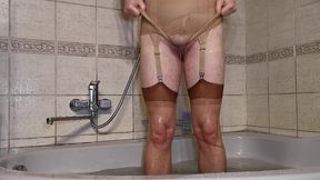 quickie self satisfaction in shower in nude lingerie