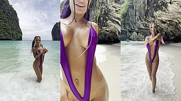 Sexy Monika Fox Fun In Purple Swimsuit On Paradise Island