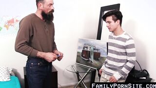 Huge facial hair daddy pushes his dick in stepsons tight ass