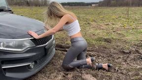 Wheels spinning in mud, CSG, pedal pumping, car revving, car stuck girl, muddy high heels pumps, wrecked high heels