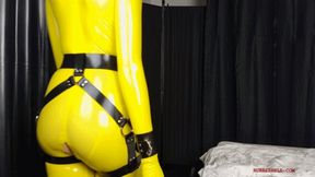 Latex doggystyle sex in silver and yellow suits v160