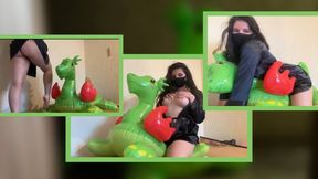 Mistress Mersiiik tramples an inflatable dragon with bare feet, steps on it with all her weight, stands on one leg, jumps on it, sits on it, and rubs against it Bare feet, young, ass, foot fetish