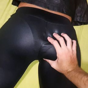 Leather leggings, tight pants, panty lines, touching her body, grabbing her ass in leggings