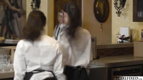 Big-breasted transgender and teen have steamy encounter at the counter