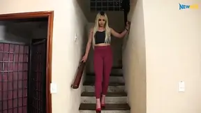 Cougar with blonde bombshell hair gives a sloppy tongue bath to her man's