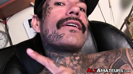 Inked goth dude shows off his firm body and masturbates solo