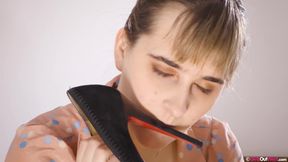 Busty amateur fucks her hairy pussy with high-heeled shoe and squirts