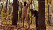 CBT and Tied my cuckold husband between trees and spanked him outdoors