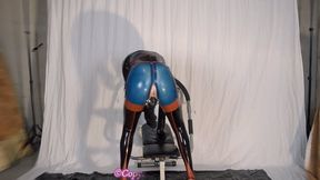 Heavy Pierced Latex Lady in blue catsuit black stockings mask and more fucks huge rubber dildo and sucks pierced dick PART 3