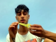 Drinking and swallowing cum of used condom by straight guy