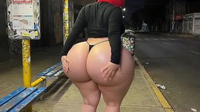 Big Ass Cousin in Tight Yellow Leggings at Bus Stop