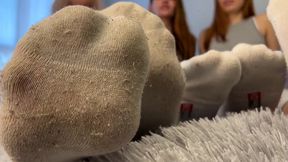 pov dirty socks, bare feet, face busting with cruel mistresses
