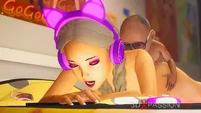 Midget pervert fucks teenage gamer girl from behind