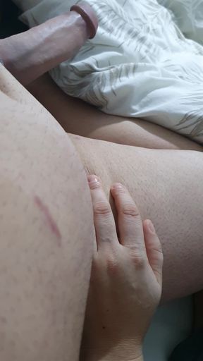 Step mom hand on step son leg while he has a big erection