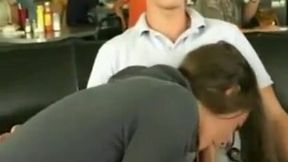 Shameless brunette chick in grey hoodie was sucking my buddy in cafe