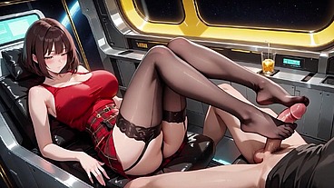 Brunette in Red Plaid Skirt Space Cabin Sensual Play