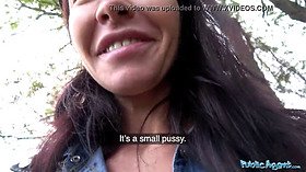 Sasha Colibri gets her tight pussy pounded hard in public and swallows a huge load