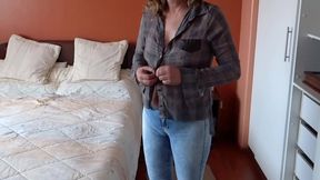 Stepmom flaunts her naked body & wears jeans like a hotwife in hotwife cuckold scene.