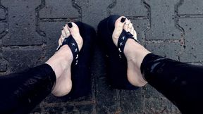 wet feet, platform thongs and latex leggings - public crossdressing