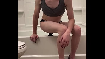 Teen Tranny fucking BBC dildo in her bathroom while girlfriend films