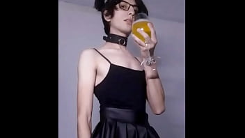 Nasty faggot drinks his own pee while wearing girly clothes