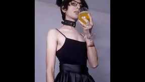 Nasty faggot drinks his own pee while wearing girly clothes