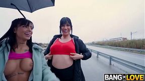 Milf and petite babe ride Emilio's colossal cock in outdoor threesome