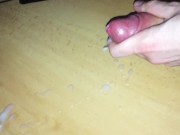 Pulling my foreskin and cumming hard in slow motion while massaging my frenulum