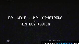 Mr. Armstrong and Dr. Takes turn in thrusting their cocks on the boy's hole in a thre