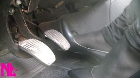 Pedal Pumping in Black Pantyhose and Grey Patent High Heels
