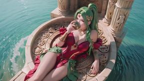Green-Haired Warrior's White Fantasy! Kneeling glances, finger to lips, from serene stares to breathless teasing. Divine yet private under the sun!