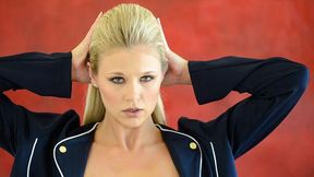 Big-boobed blonde Scarlet Red touches her wet shaved pussy