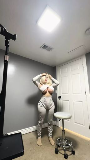 Hot trans wearing her sexy grey outfit huge tits and big ass