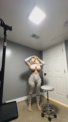 Hot trans wearing her sexy grey outfit huge tits and big ass