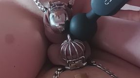 BDSM - GAY Chastity Cage vs Chastity Cage – Magic Wand Contest on the Bed (Who Cums First?)