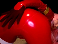 Femdom MILF vixen in red latex bodysuit plays with herself