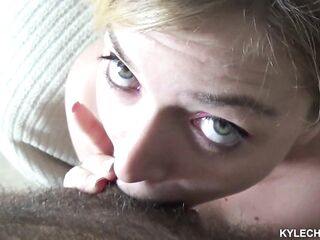 Slutty golden-haired bitch sucking dong and curing blue balls with impure facial