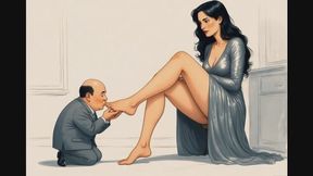 Minimaridos fazem carinho e beijam os pes de suas esposas gigantes. Shrunken husbands massage and kiss feet of their beloved giantess wives.