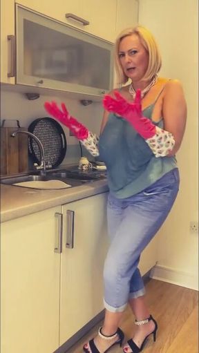 Annabel's wet T shirt big tits washing up play