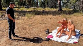 Two busty MILFs tanning seduce a hiker to get a shared creampie