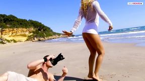 Sexy blonde rides a huge cock on the beach to a cumshot