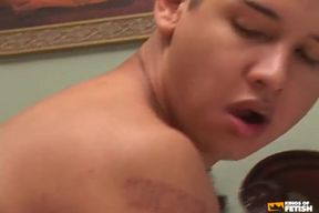 Cute Twink Gets Her Shaved Ass Eaten and Smashed by a Police Man with Huge Dick
