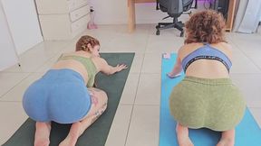 Besties stretching deep at home