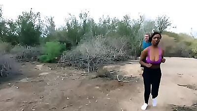 Busty ebony jogging babe fucks a strangers huge dick