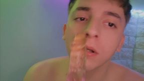 cute twink boy sucks his dildo and moans