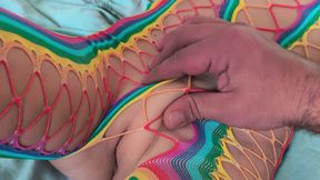 I let my stepbrother admire my body, he follows the outline of my virgin pussy and masturbates it