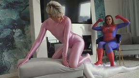 Pink Ruslana Ride Face Of Zentai Man And Spiderwoman Weronika Splash His Balls And Perform Footjob