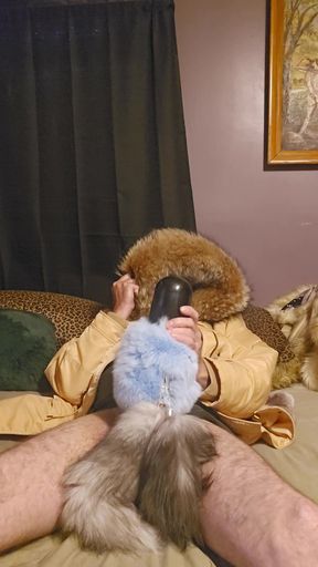 In my big furry hood using penis pump wrapped in furs and tails