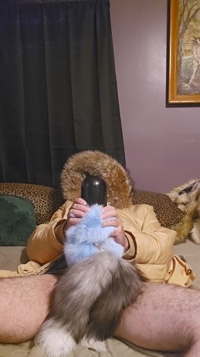 In my big furry hood using penis pump wrapped in furs and tails